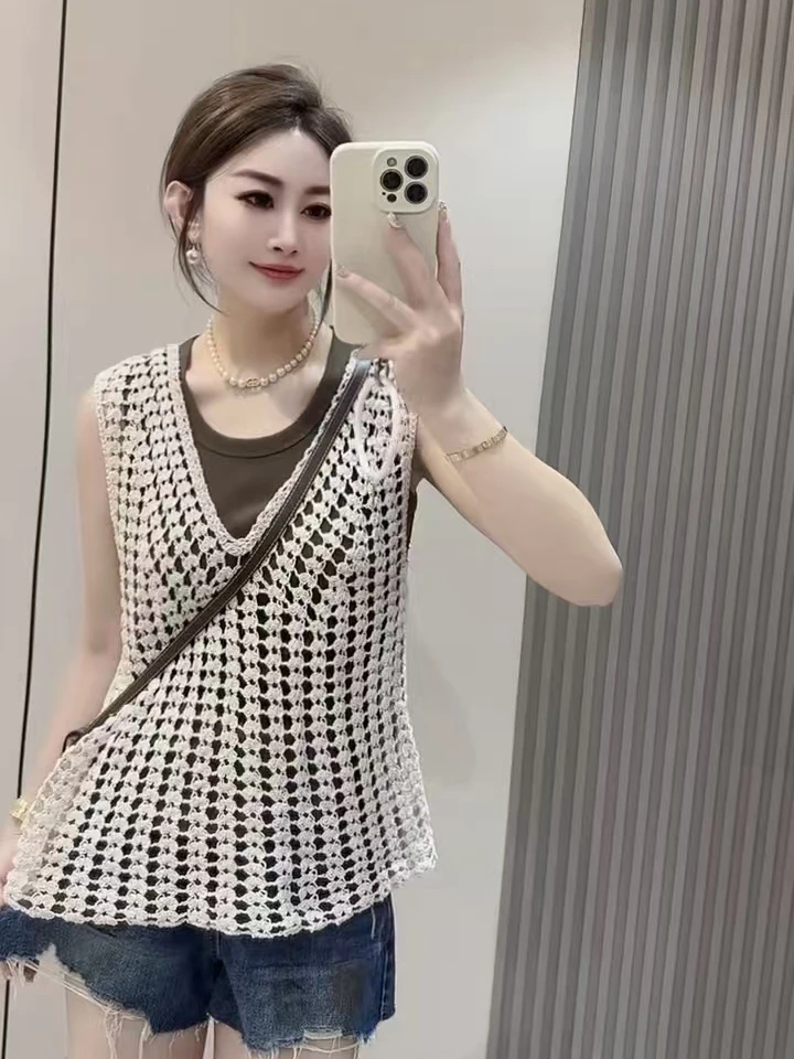 钩花镂空针织V领马甲背心外穿女夏大码胖mm叠穿罩衫无袖上衣