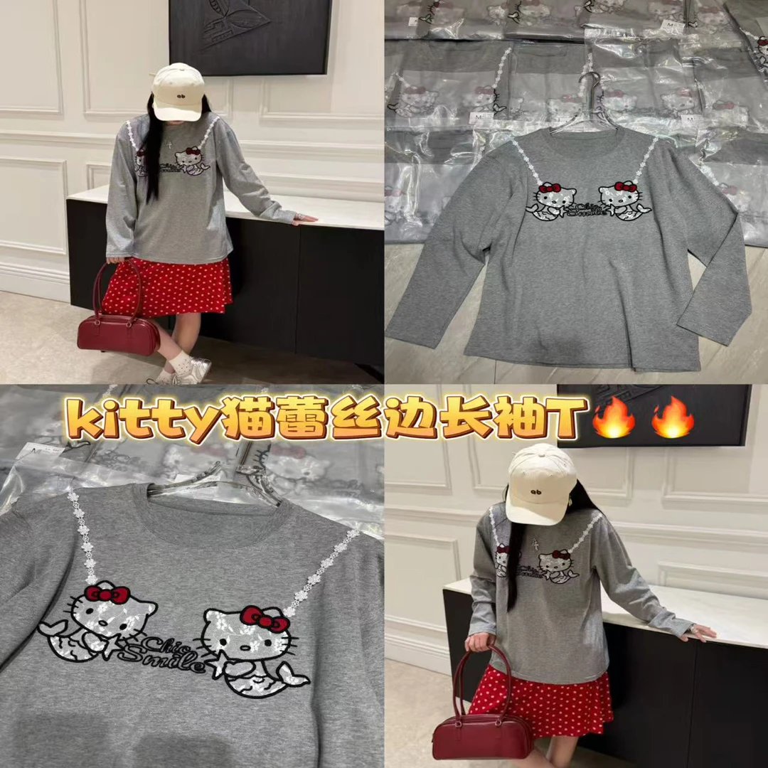 KW【凯蒂出击】南油欧货新款复古蕾丝刺绣猫咪印花长袖灰色t恤上衣