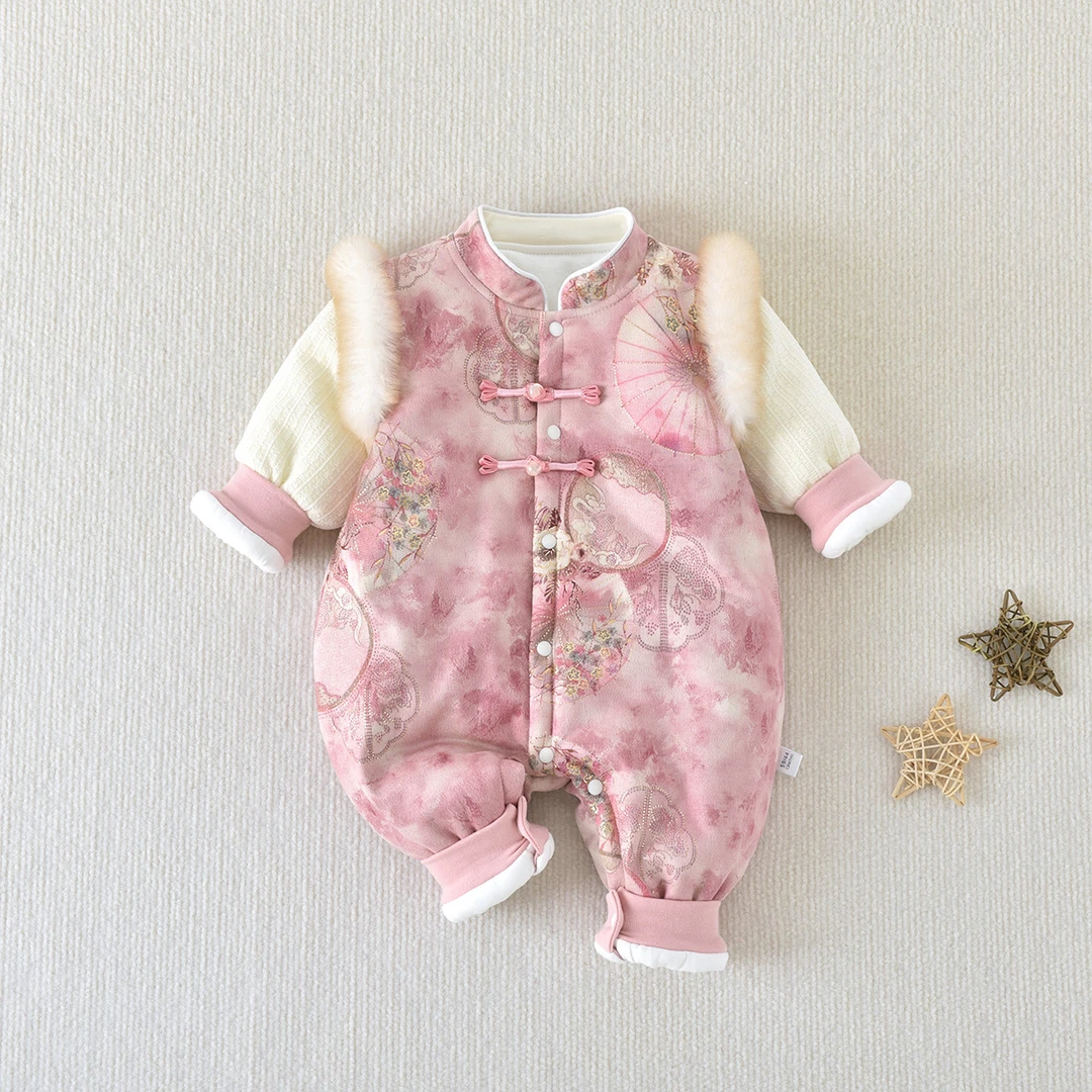 秋冬季新款中国风兔毛200克夹棉男女宝宝外出服洋气国风哈衣连体