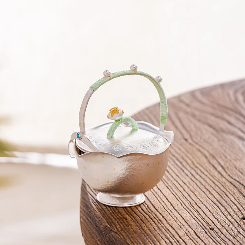 蜂鸟工坊 素小姐 花边珍珠钮足底洒金盖碗小提梁茶壶 SXJA3029