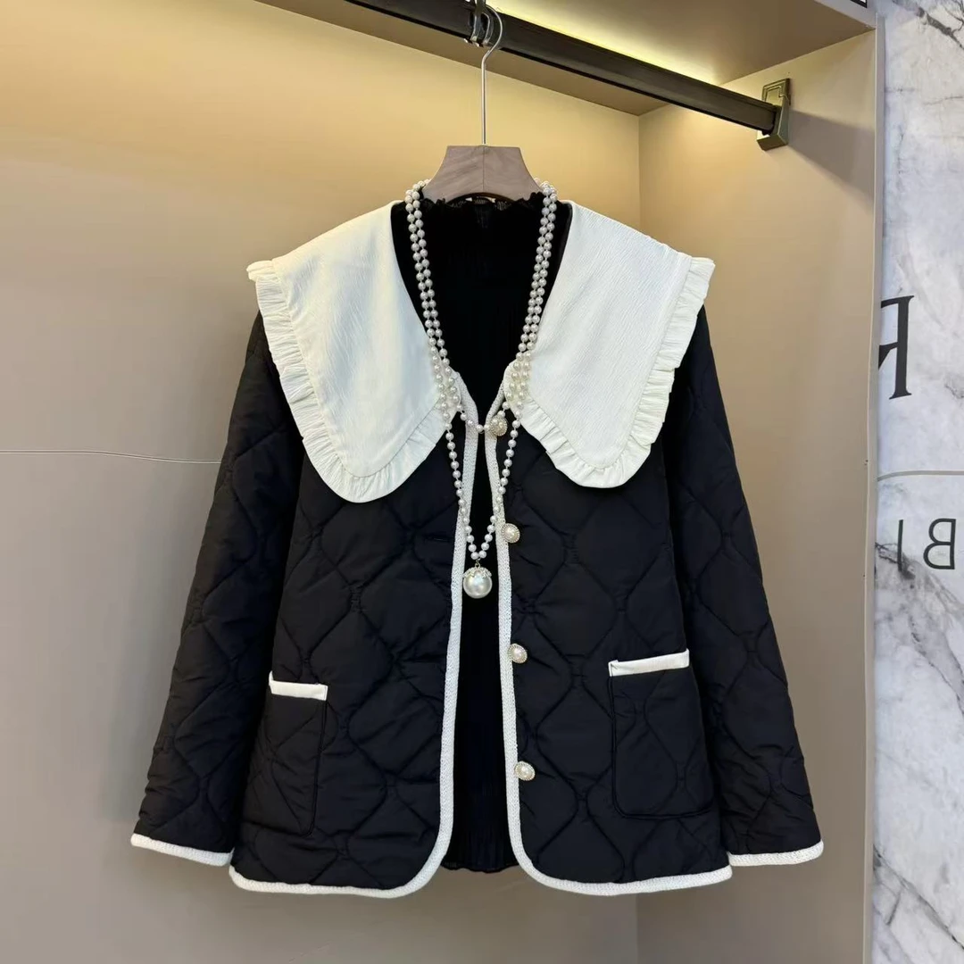 新款2025韩系保暖简约娃娃领设计宽松时尚显瘦保胖妹妹外套24256