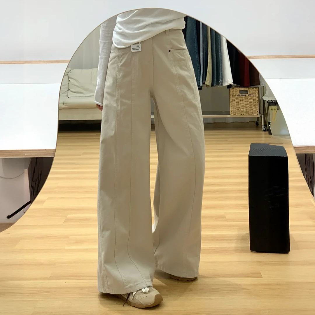 米杏色工装阔腿裤女秋季新款胖妹妹mm梨型身材高腰宽松遮胯休闲裤