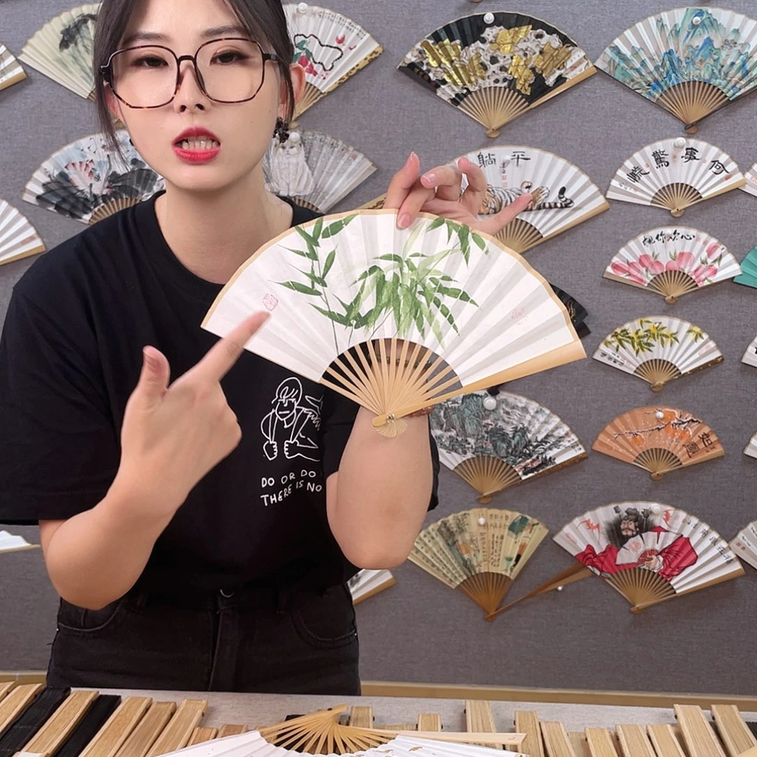 国画6寸玉竹-纯手绘-文玩扇骨（默认粘好）