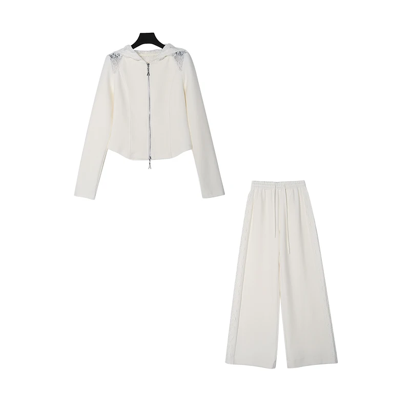 蕾丝拼接连帽时尚减龄高级感卫衣+休闲裤套装22037