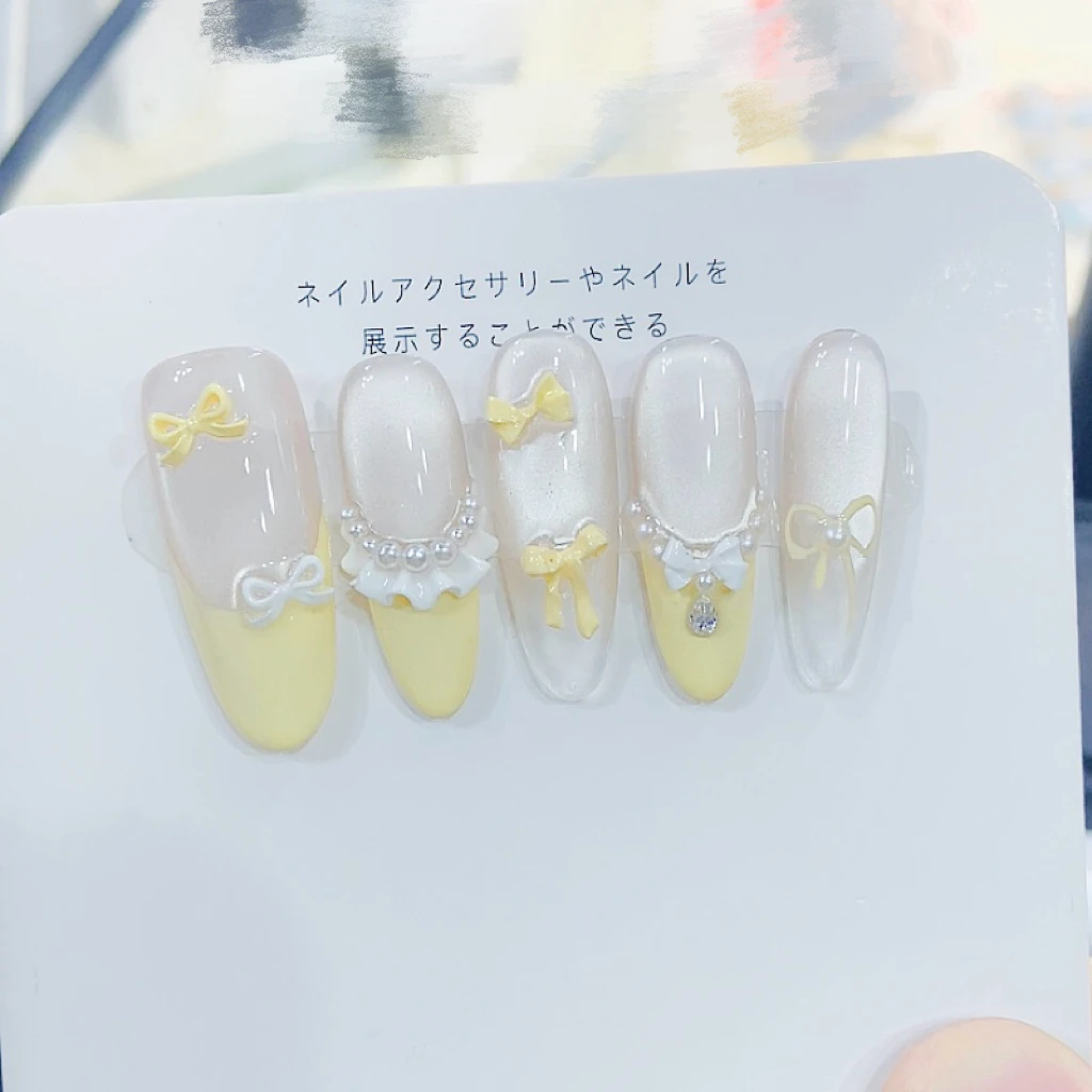 【奶黄法式】纯手工法式猫眼蝴蝶结腮红气质显白穿戴甲成品