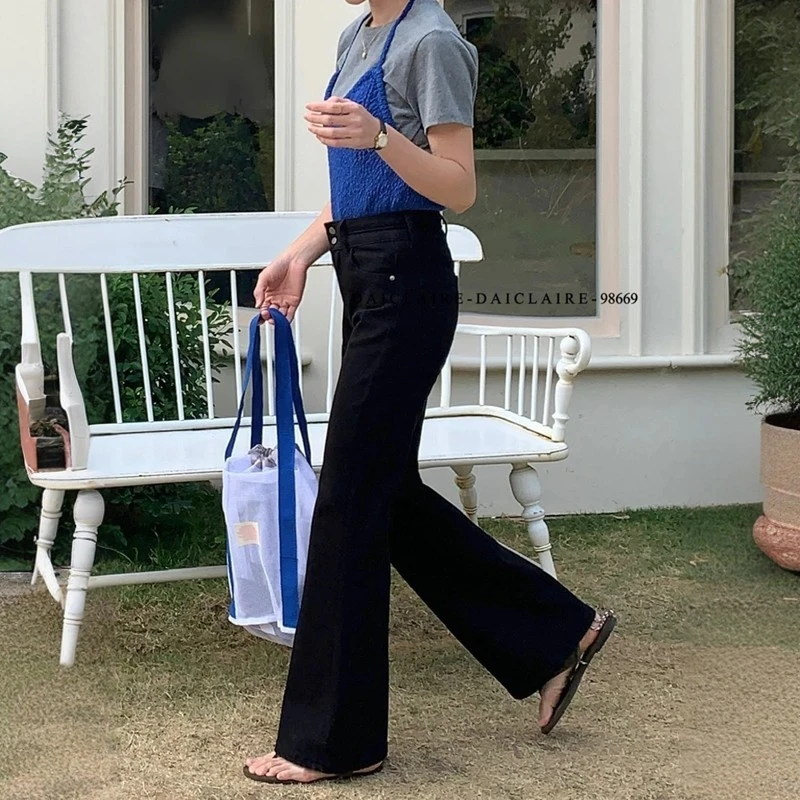 代嘉儿daiclaire牛仔裤女早春新款高腰显瘦黑色喇叭微喇长裤98669