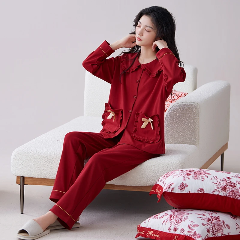 红色结婚睡衣女士新婚套装长袖长裤春秋全棉本命年家居服新疆包邮