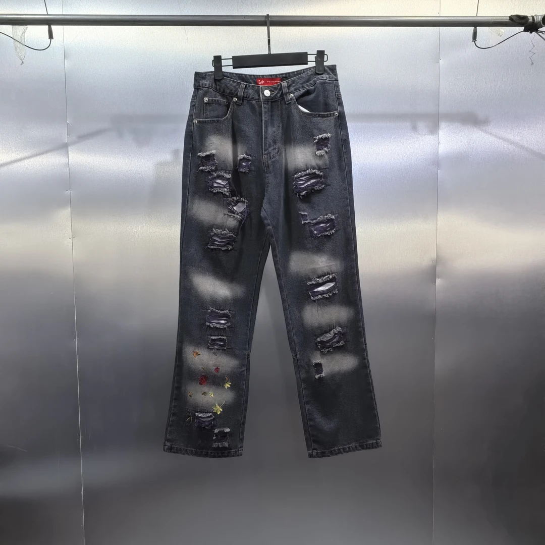 R08-111914-SEV春秋款潮流复古水洗破洞宽松直筒休闲百搭牛仔裤