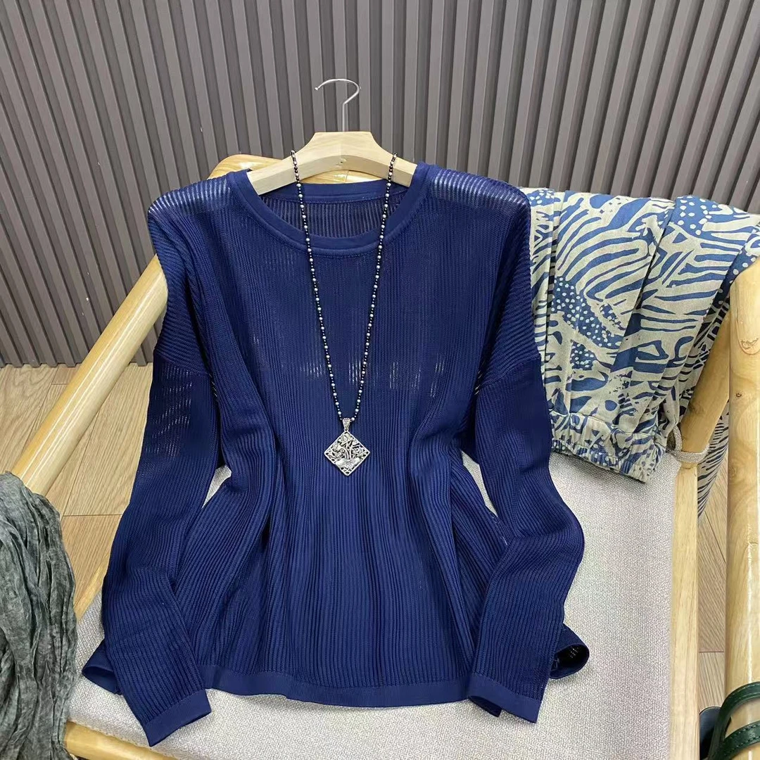 圆领天丝镂空长袖套头针织衫坑条纯色百搭罩衫女Z5806