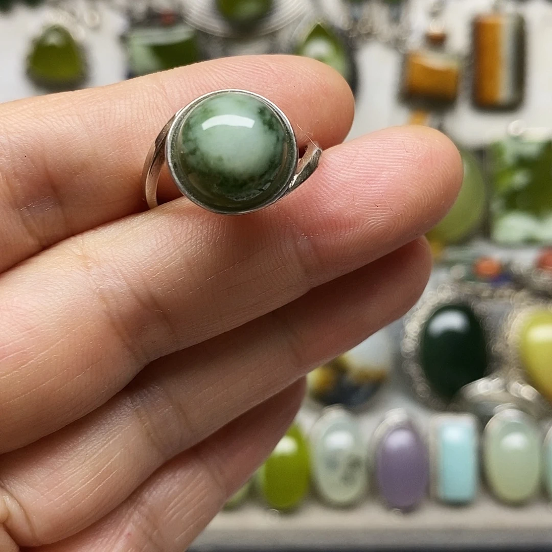 蛇纹石玉银S925镶嵌戒指