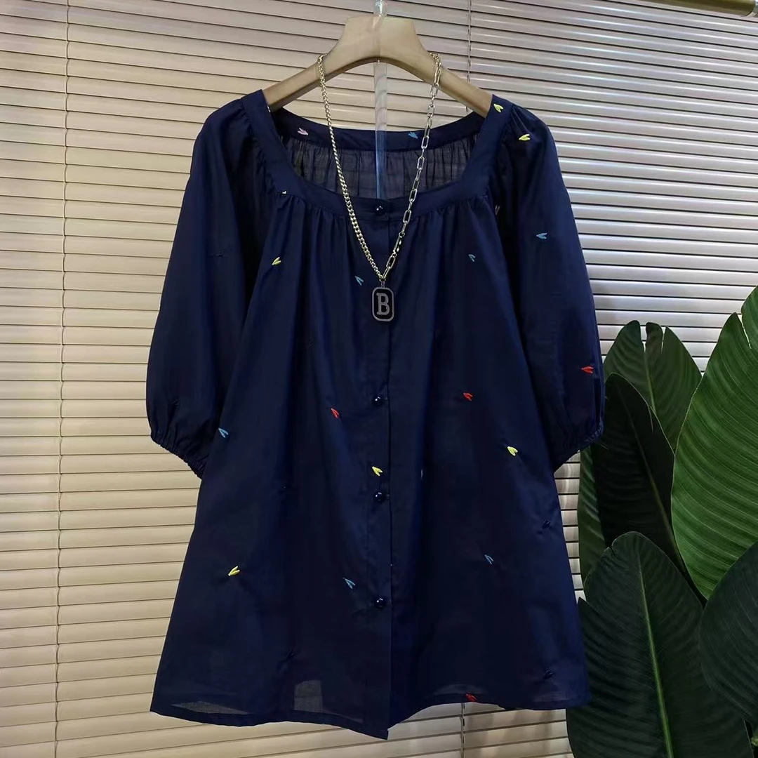 F胖mm欧货时尚新款重工爱心刺绣设计短袖上衣