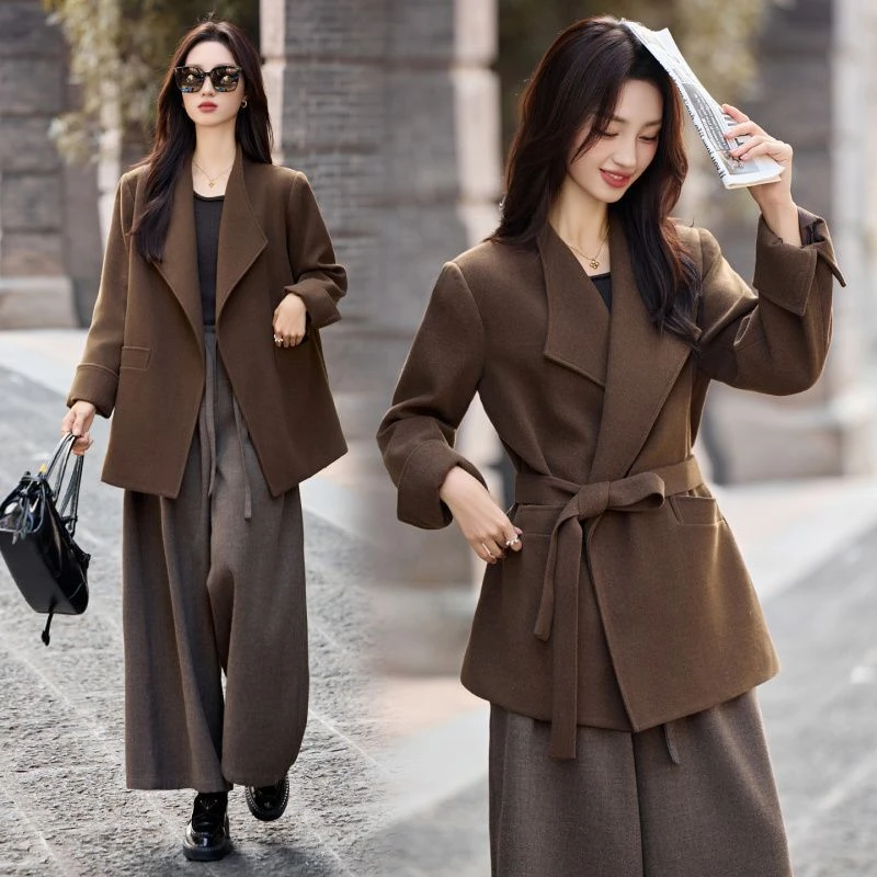 质量好现货手工缝制冬季保暖新款时尚舒适西装领系带双面呢一手长