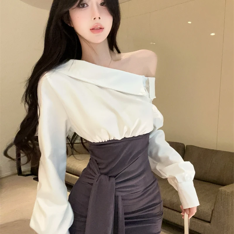 设计感拼接长袖衬衫裙女夏气质独特收腰连衣裙辣妹性感绑带包臀裙