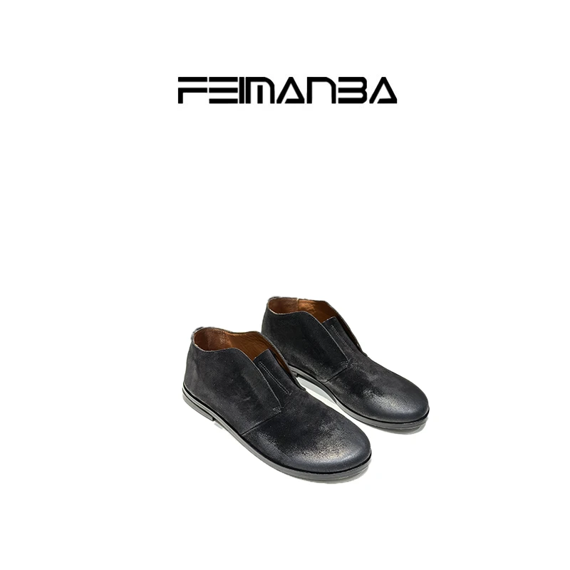 FEIMANBA新品女士牛皮翻毛皮鞋时尚休闲百搭黑色真皮英伦风圆头