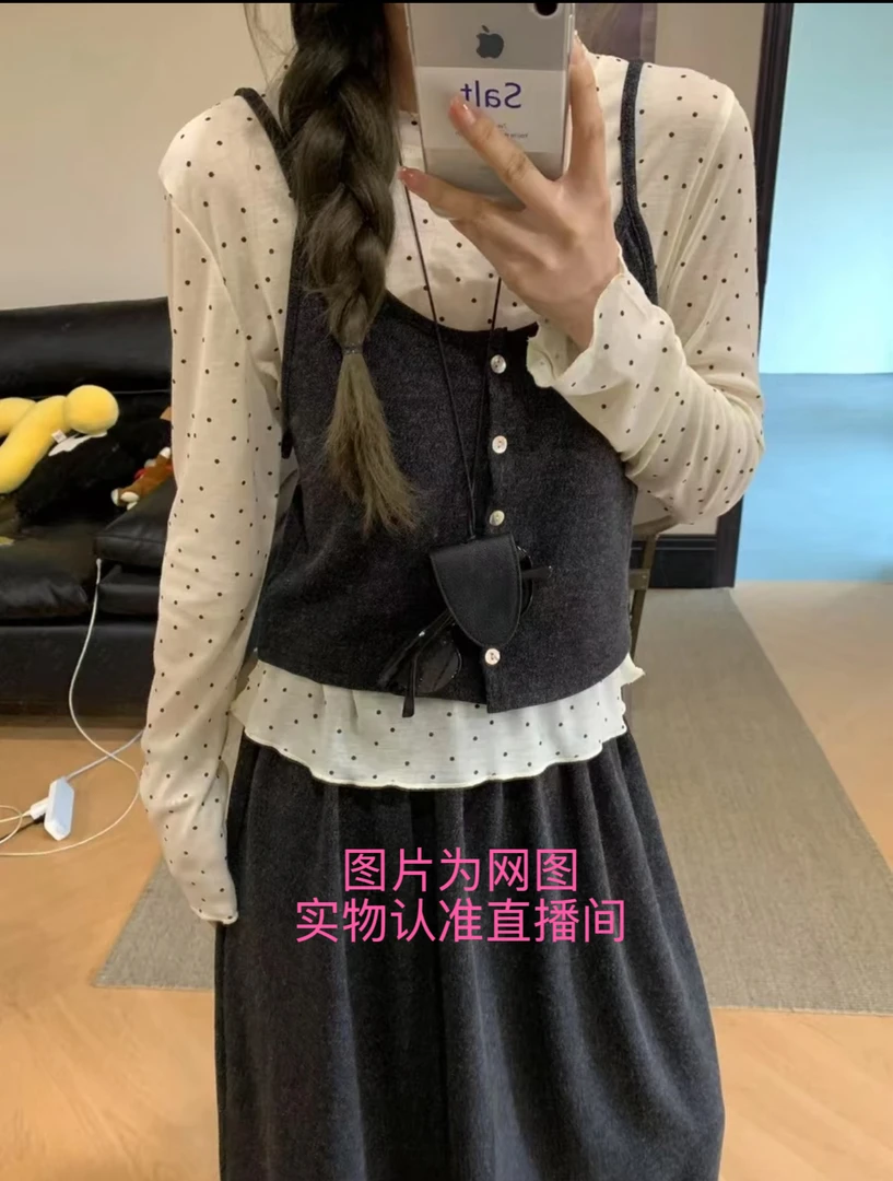 早秋新款韩系波点内搭上衣+小马甲开衫两件套YX-2171