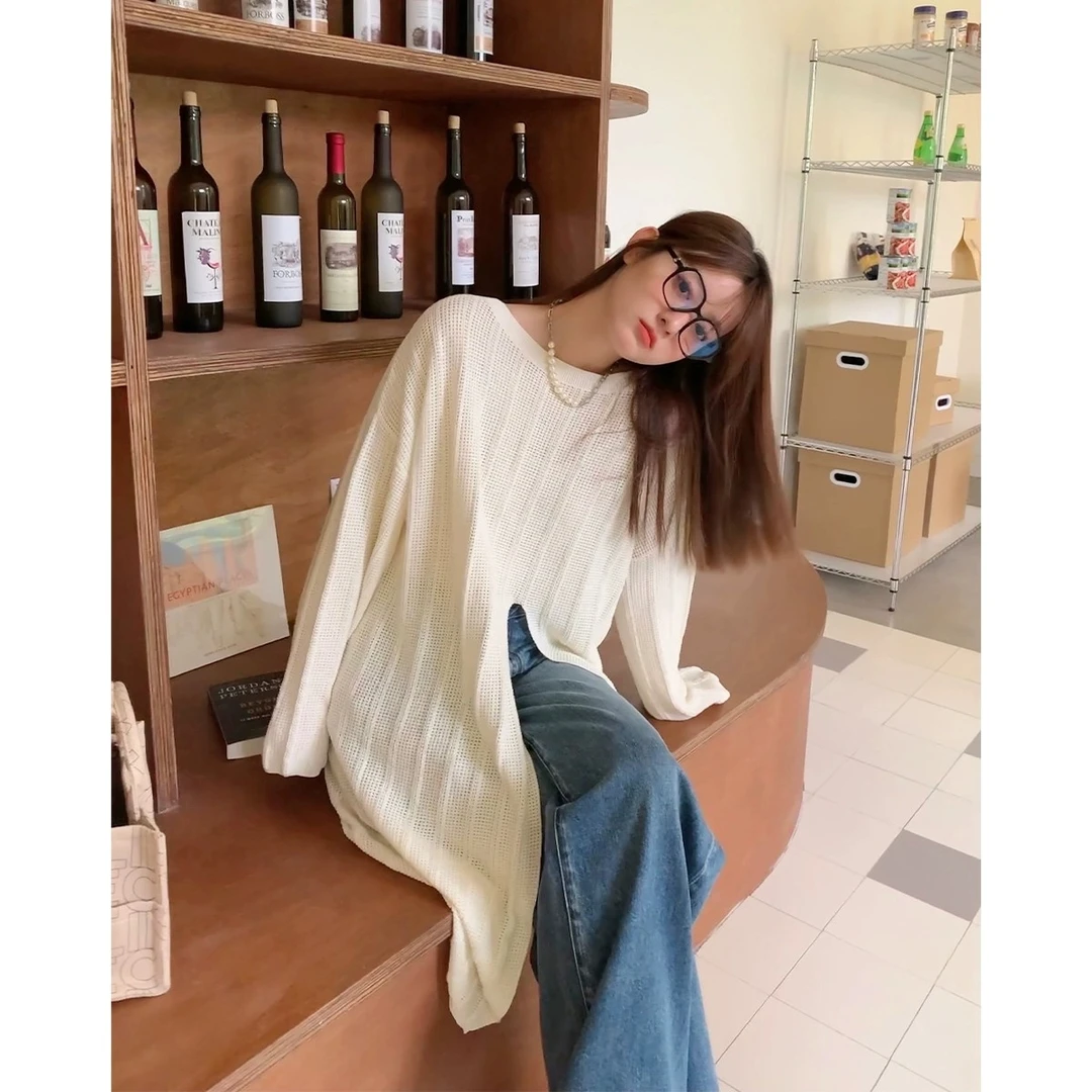 白标~解构主义～前开叉防晒针织衫纯色宽松中长款时尚上衣潮