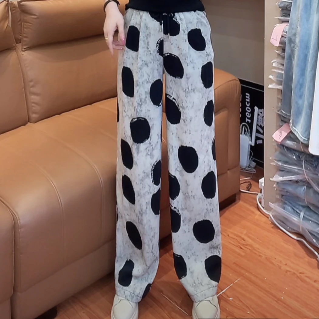 小敏家，波点女中高腰垂感直筒裤宽松休闲夏季薄款