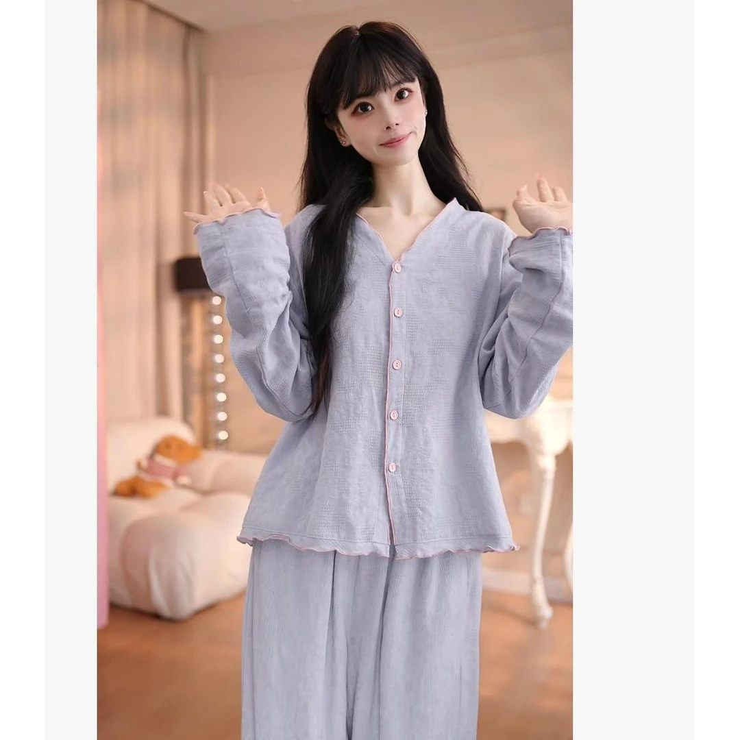 甜美简约高级感纯色睡衣女春秋2025新款长袖长裤家居服套装可外穿