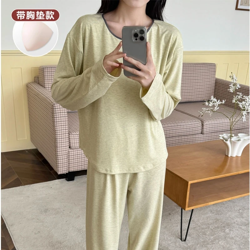 带胸垫长袖长裤睡衣女士春秋季休闲简约慵懒风纯色薄款家居服套装