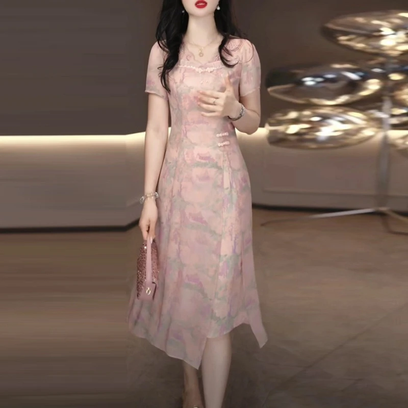 2025夏季新款时尚粉色减龄古典端庄连衣裙新中式短袖裙子