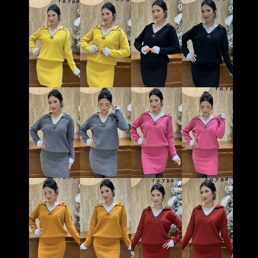 【Rayhon】秋冬新款设计感高气质显瘦多风格百搭假两件时尚套装0046