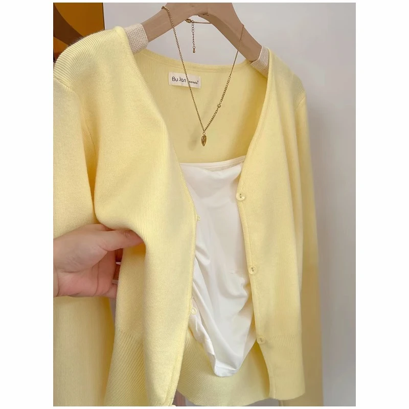 奶呼呼软糯v领黄色防晒衣开衫女夏季韩系配吊带裙短款罩衫上衣薄