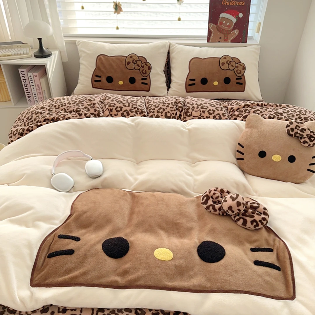 卡通ins牛奶绒四件套豹纹少女心可爱猫咪冬季保暖加厚三件套被套