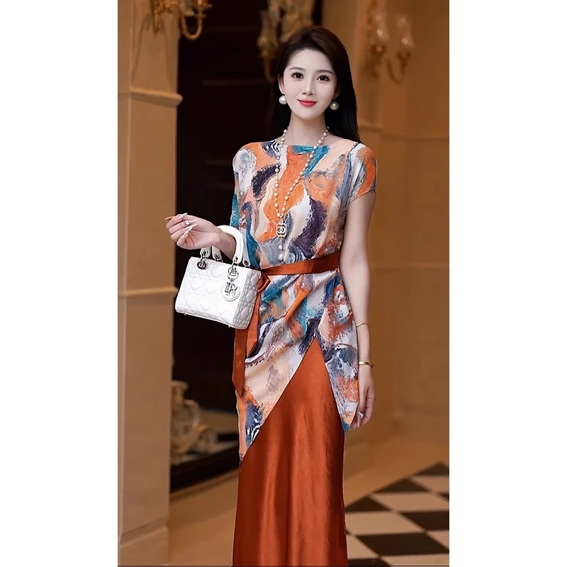 气质洋气抽象印花不规则下摆开衩上衣女显瘦鱼尾半身裙套装裙831