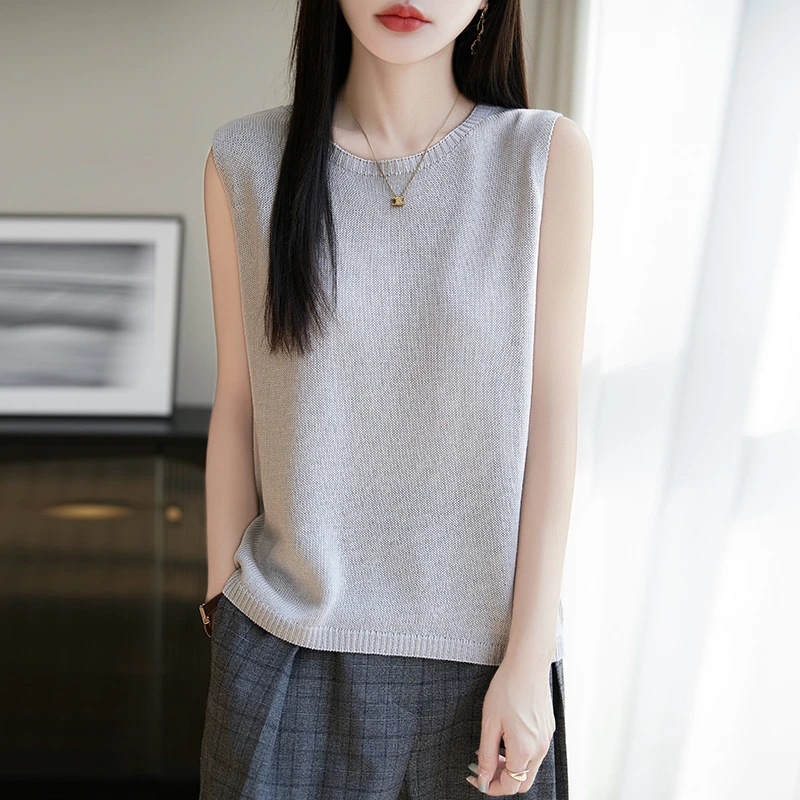 圆领无袖背心女士亚麻莱赛尔天丝背心百搭宽松针织打底衫显瘦薄款