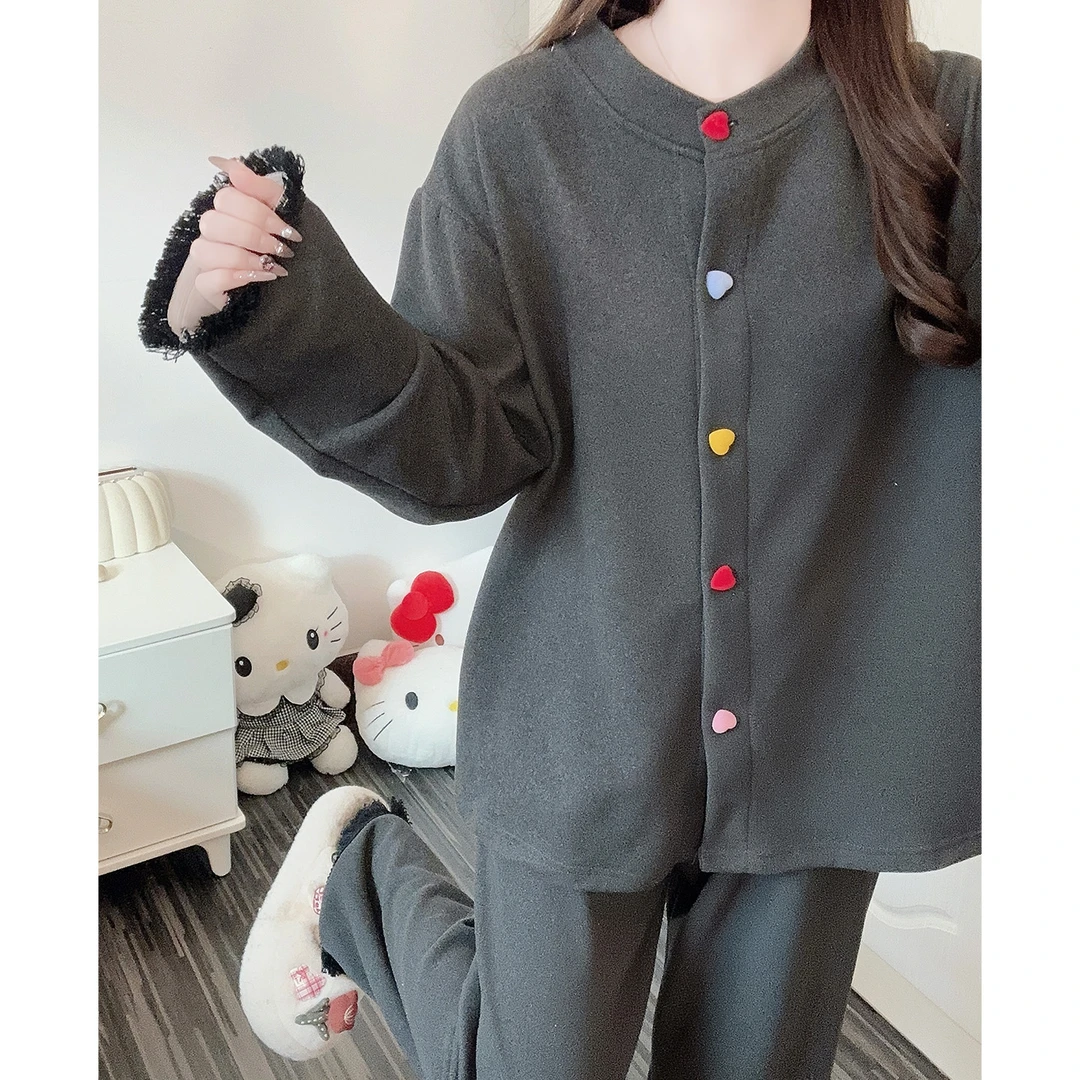 简约风睡衣女秋冬长袖开衫保暖薄绒新款可外穿少女加厚家居服套装