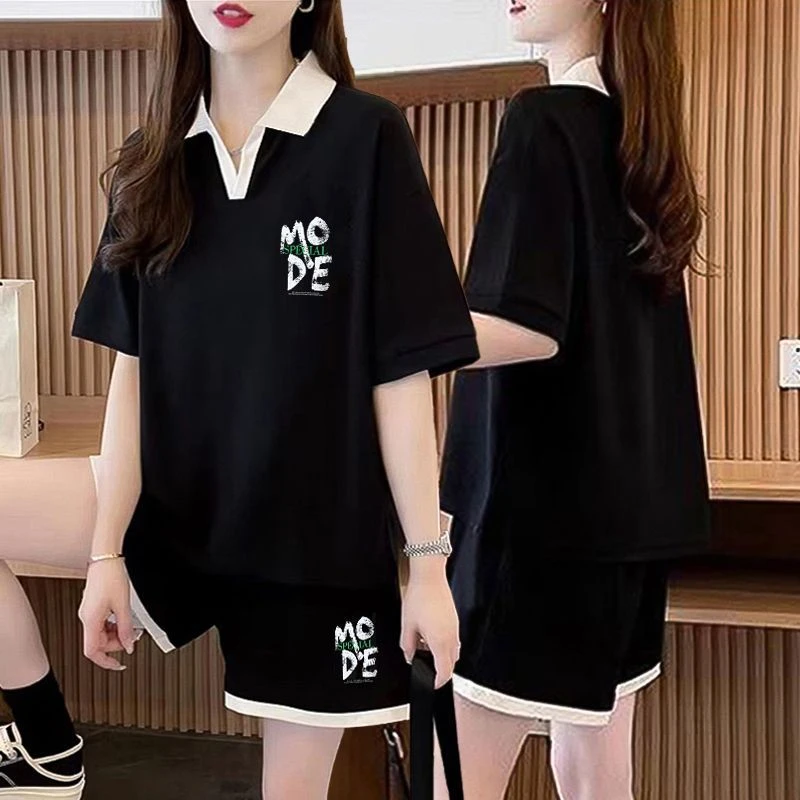 胖mm纯棉大码休闲运动套装女2025夏季Polo领时尚短袖短裤两件套潮