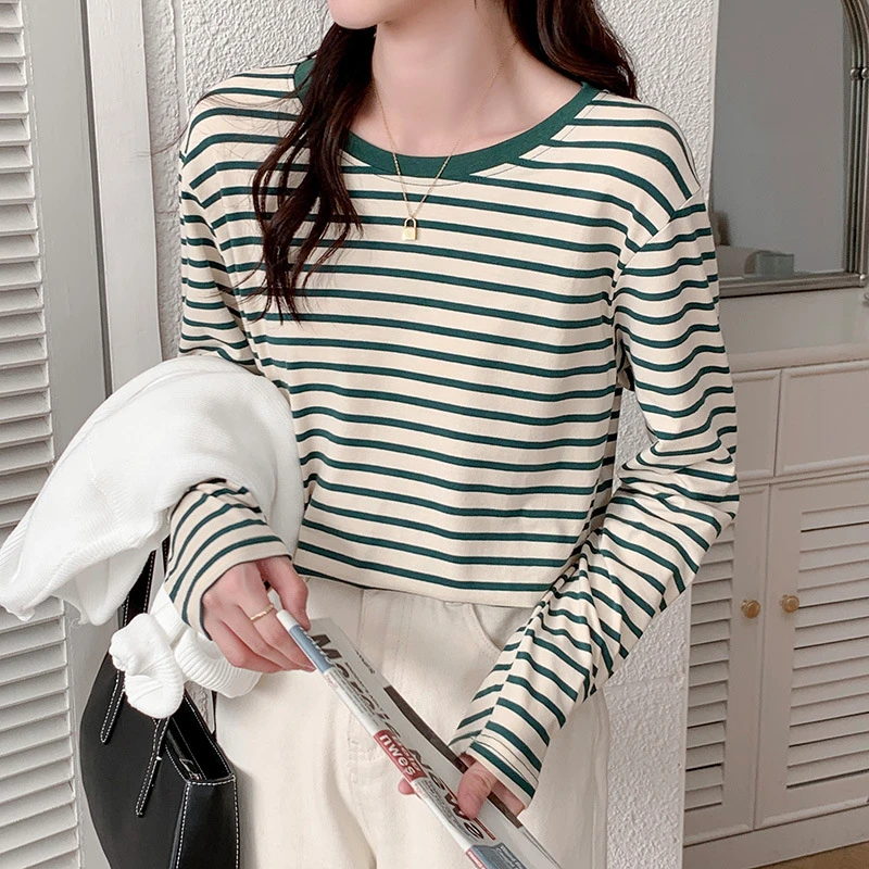 条纹百搭长袖T恤女宽松春秋韩版针织圆领通勤显瘦上衣