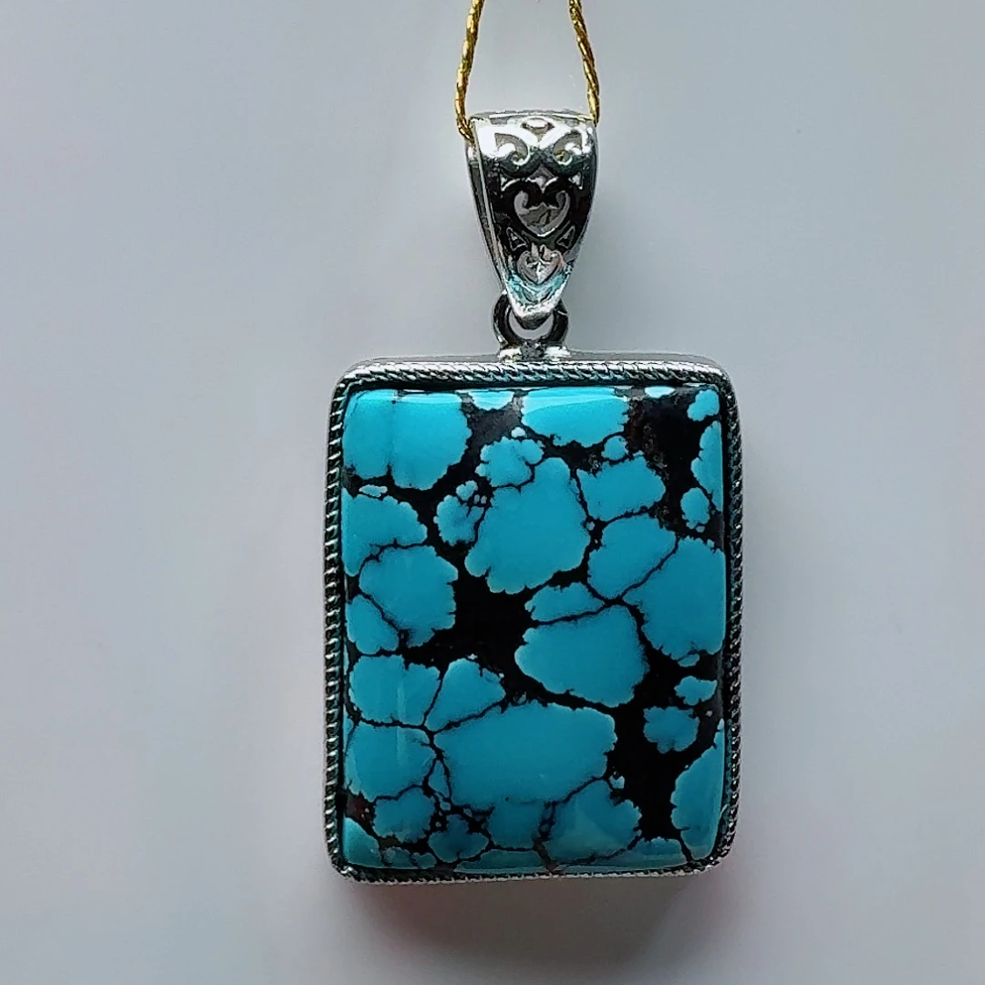 绿松石银S925镶嵌高瓷蓝水草纹无事牌吊坠