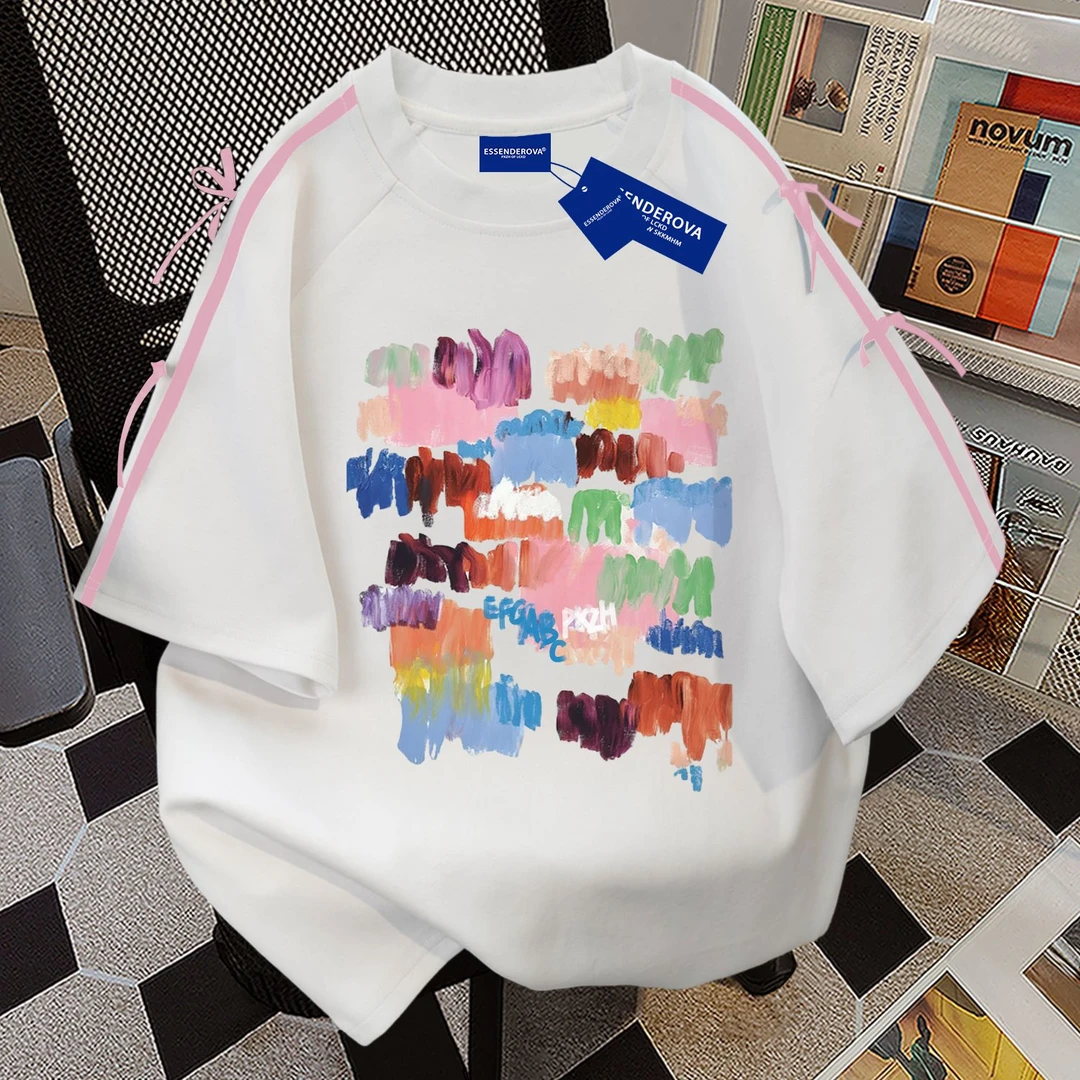 100%纯棉2025夏季vintage美式高街短袖t恤女宽松hiphop学生上衣