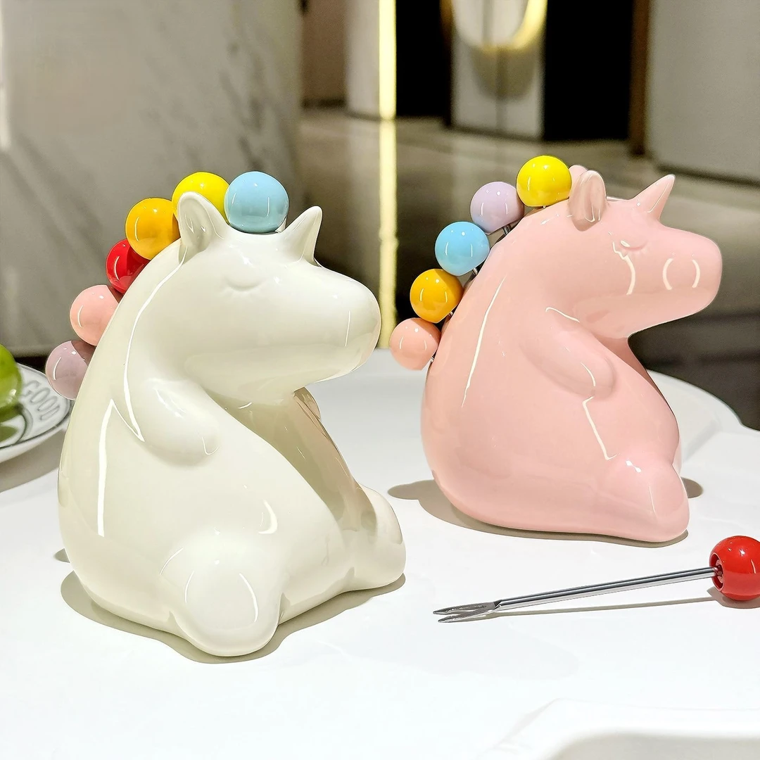 高级陶瓷不锈钢水果叉套装甜品小叉子儿童安全不锈钢水果签收纳罐