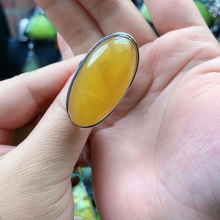 琥珀裸石银S925镶嵌戒指