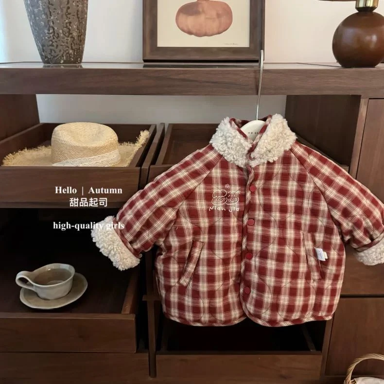 韩系儿童两面穿棉服女童加厚保暖外套冬季新款女宝宝格子立领棉衣