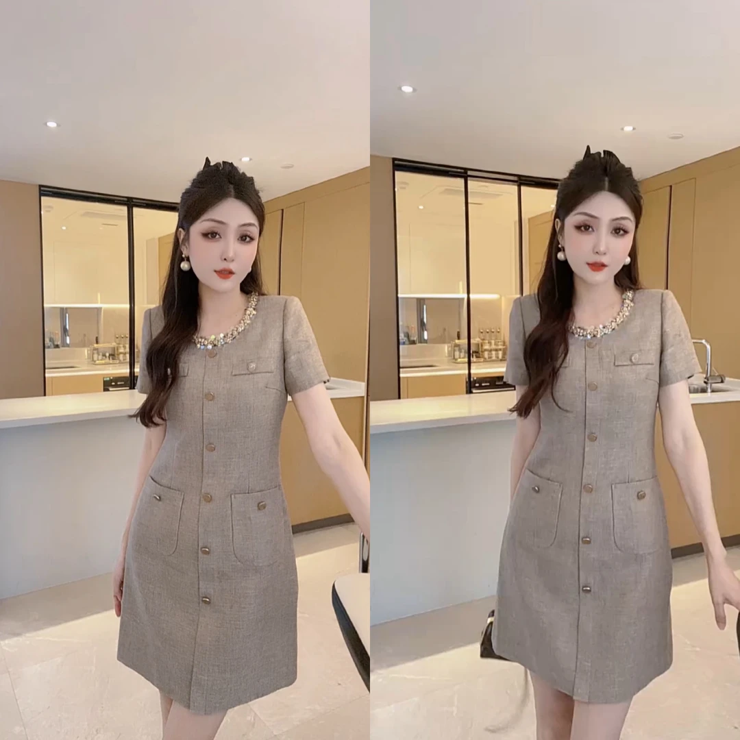 M9A86003轻奢气质名媛圆领重工钉珠短袖连衣裙女夏季新款高端裙子
