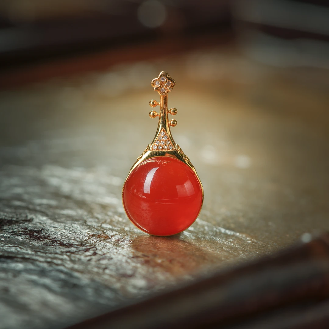 锦乐歆·典藏级南红冰红18K金錾金琵琶吊坠AD1575约16*9.7mm