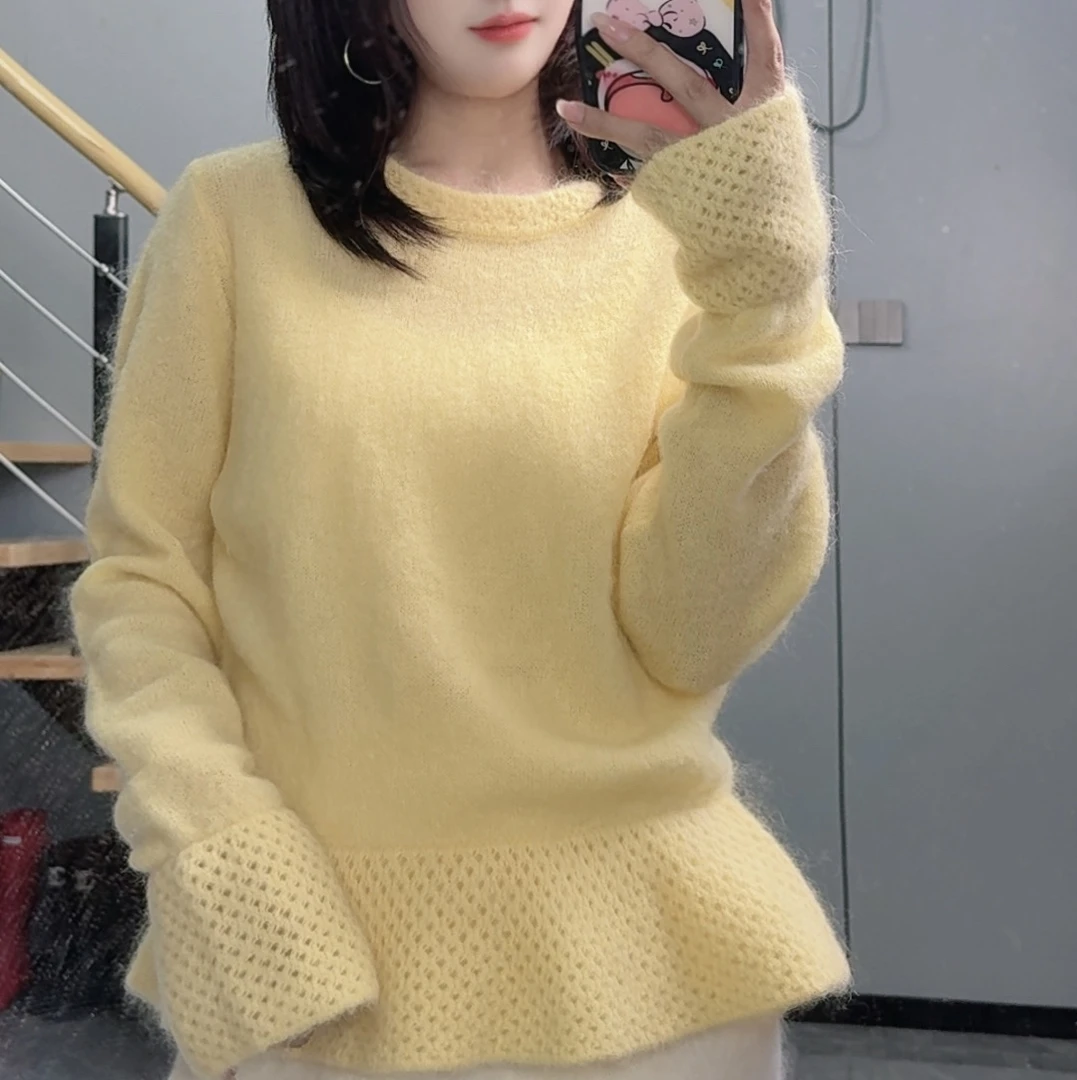 檀心TanXin奢牌同源超幼baby马海毛氛围感荷叶边圆领毛衣