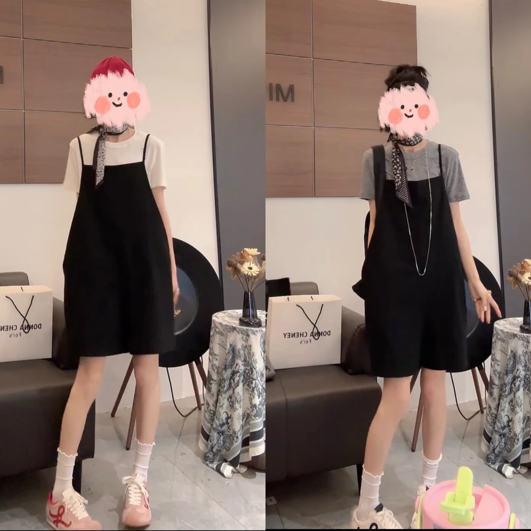 夏季薄款纸片人短袖打底上衣设计师款高级感背带休闲短款两件套