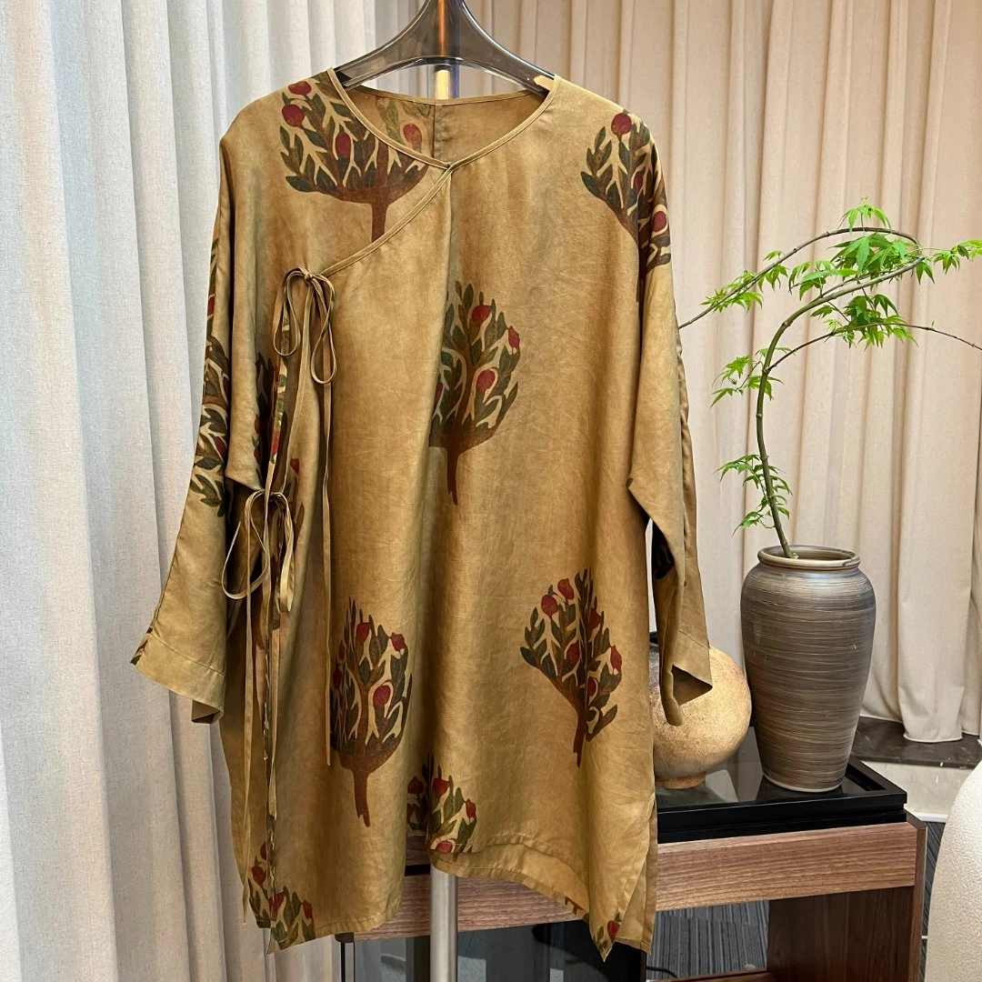 【虹辰】高端气质桑蚕丝复古中式中长款文艺中袖圆领气质上衣-HC073