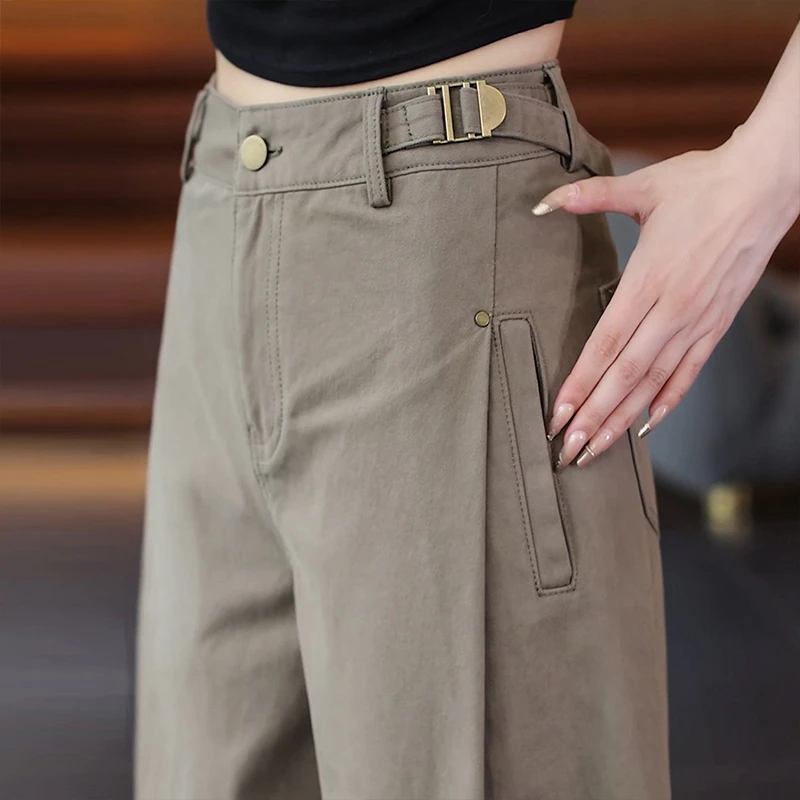 美式复古军绿色阔腿裤女2025春秋季新款高腰休闲显瘦工装裤子早秋