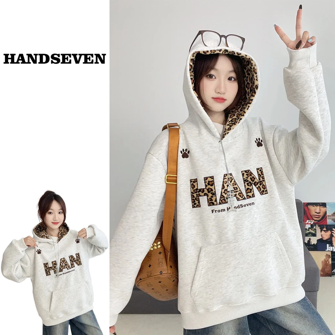 HandSeven美式2025新款豹纹字母刺绣重磅卫衣秋冬连帽帽衫保暖