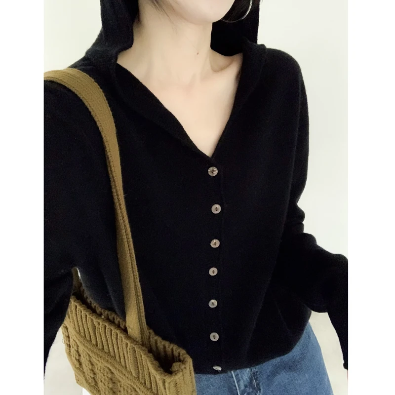 MDS100%羊毛衫连帽开衫宽松百搭纯色长袖针织衫-807