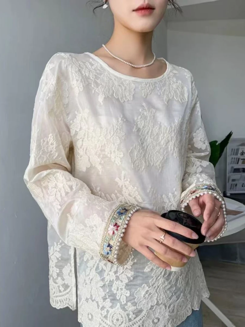 新中式国潮长袖蕾丝衬衫女新款重工袖口刺绣宽松上衣
