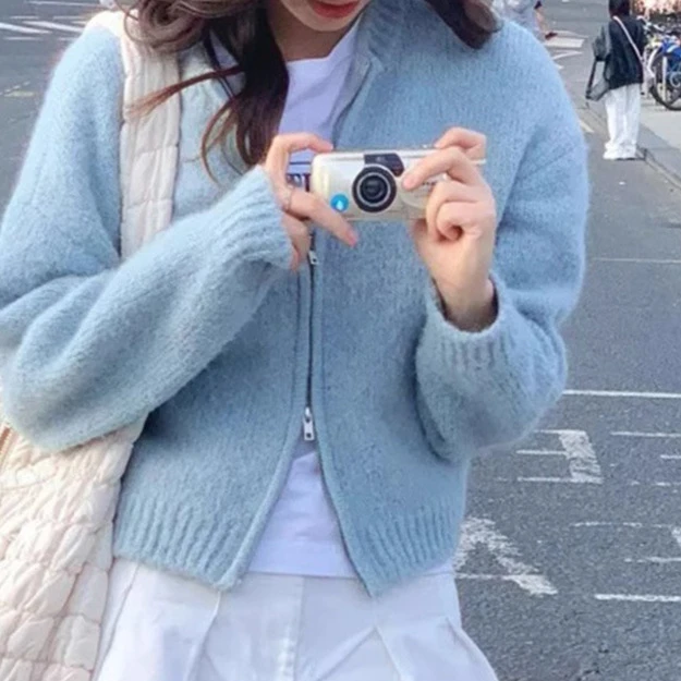 百花绒小众设计感小众蓝色拉链开衫外套毛衣女秋冬外搭短款针织衫