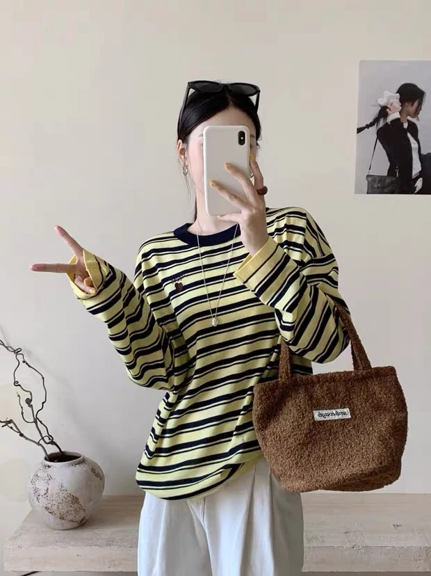 条纹长袖慵懒黄风蓝色条纹显瘦T恤秋冬韩版针织百搭高支羊毛长袖