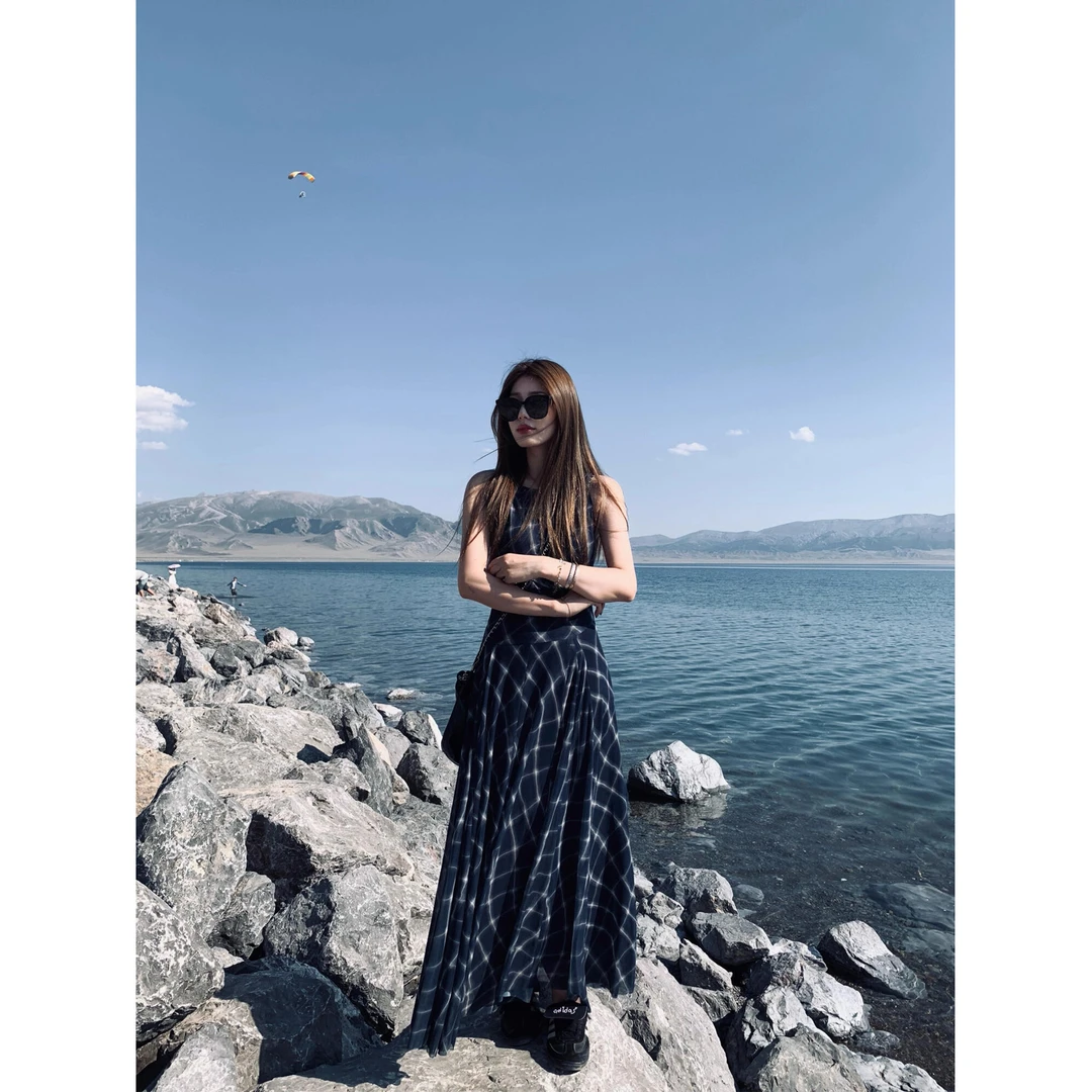 【复古少女】设计款网纱扭结格纹背心裙女秋连衣裙显瘦气质长裙