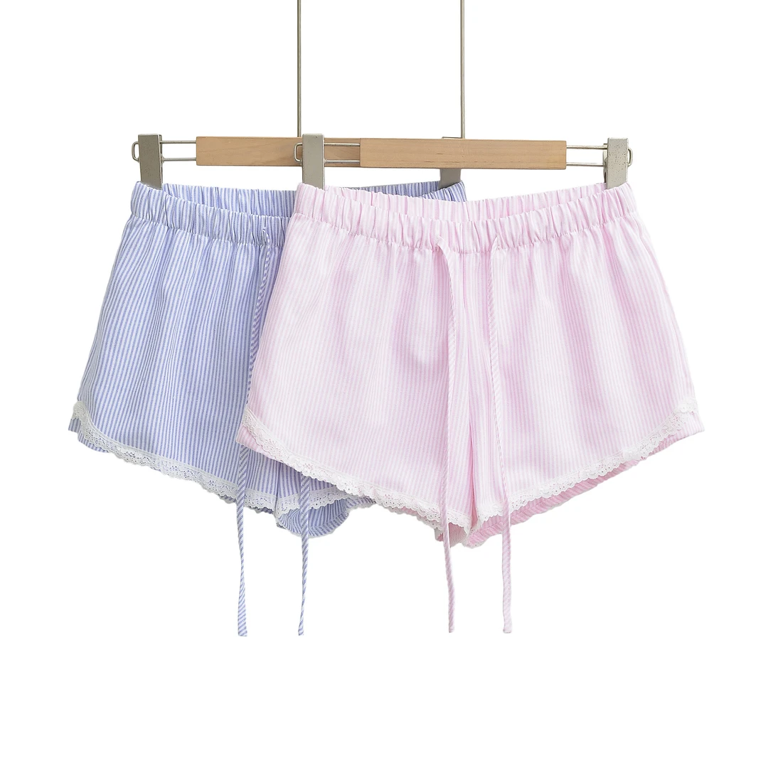 夏季阔腿裤流行拼接森系条纹短裤蕾丝休闲港风小香风